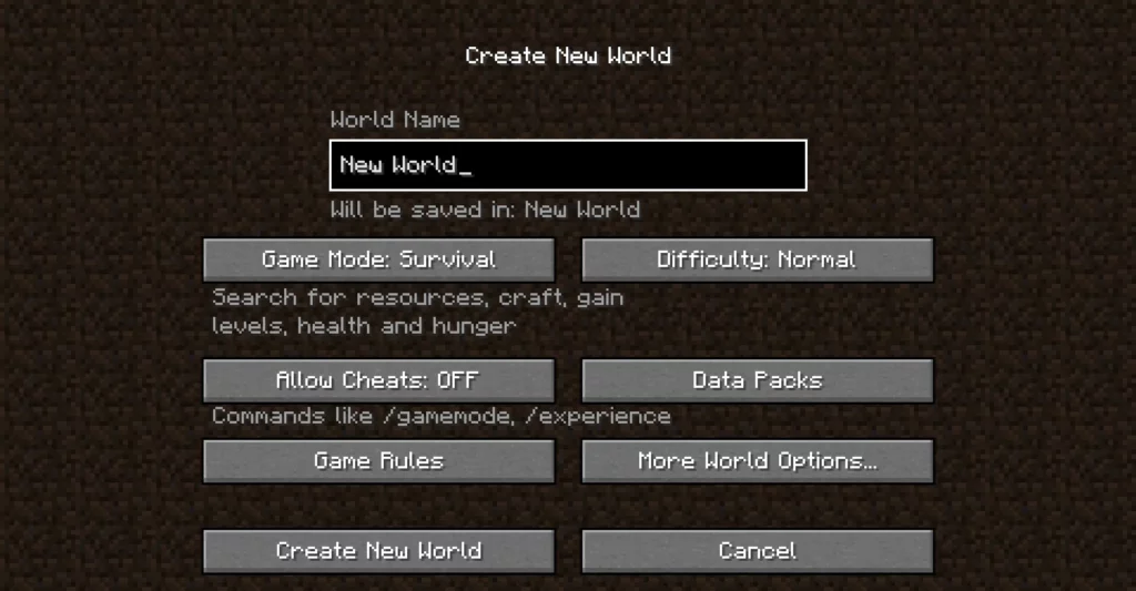 minecraft create new world