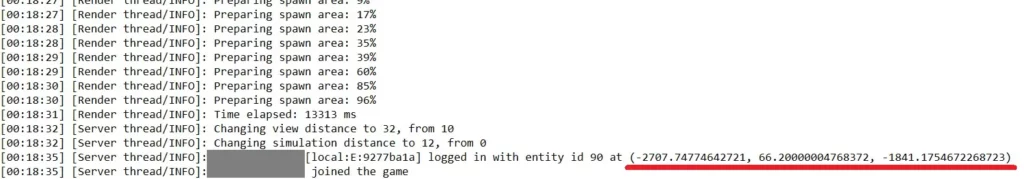 minecraft log file coordinates