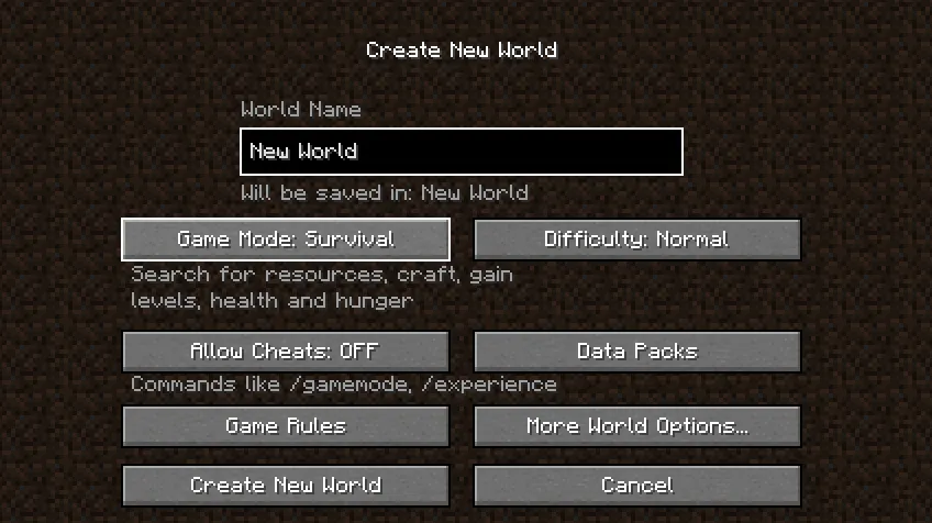 new world generation menu